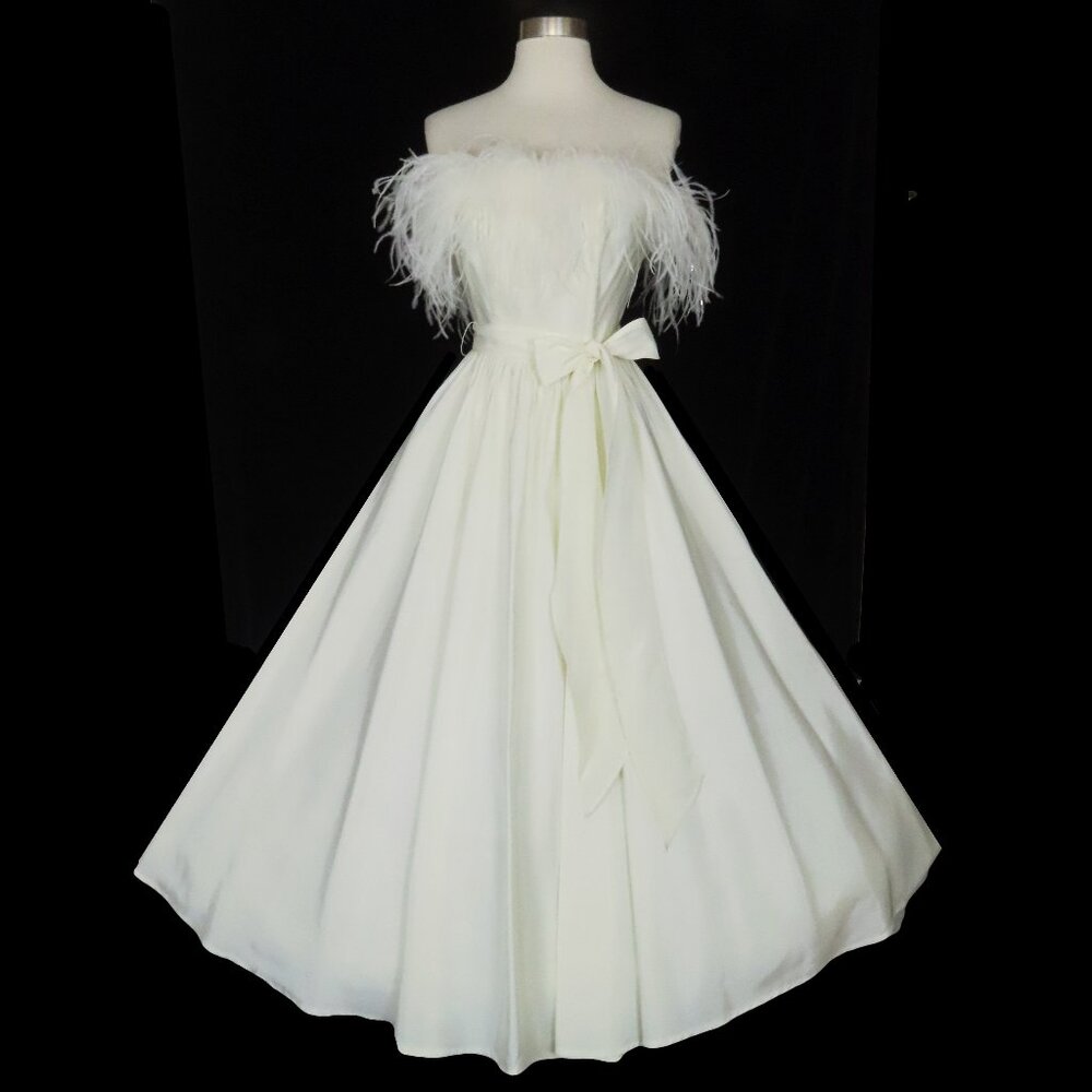 Vintage 80s FEATHER Off White Strapless Wedding Full Skirt Prom Party Dress XXS